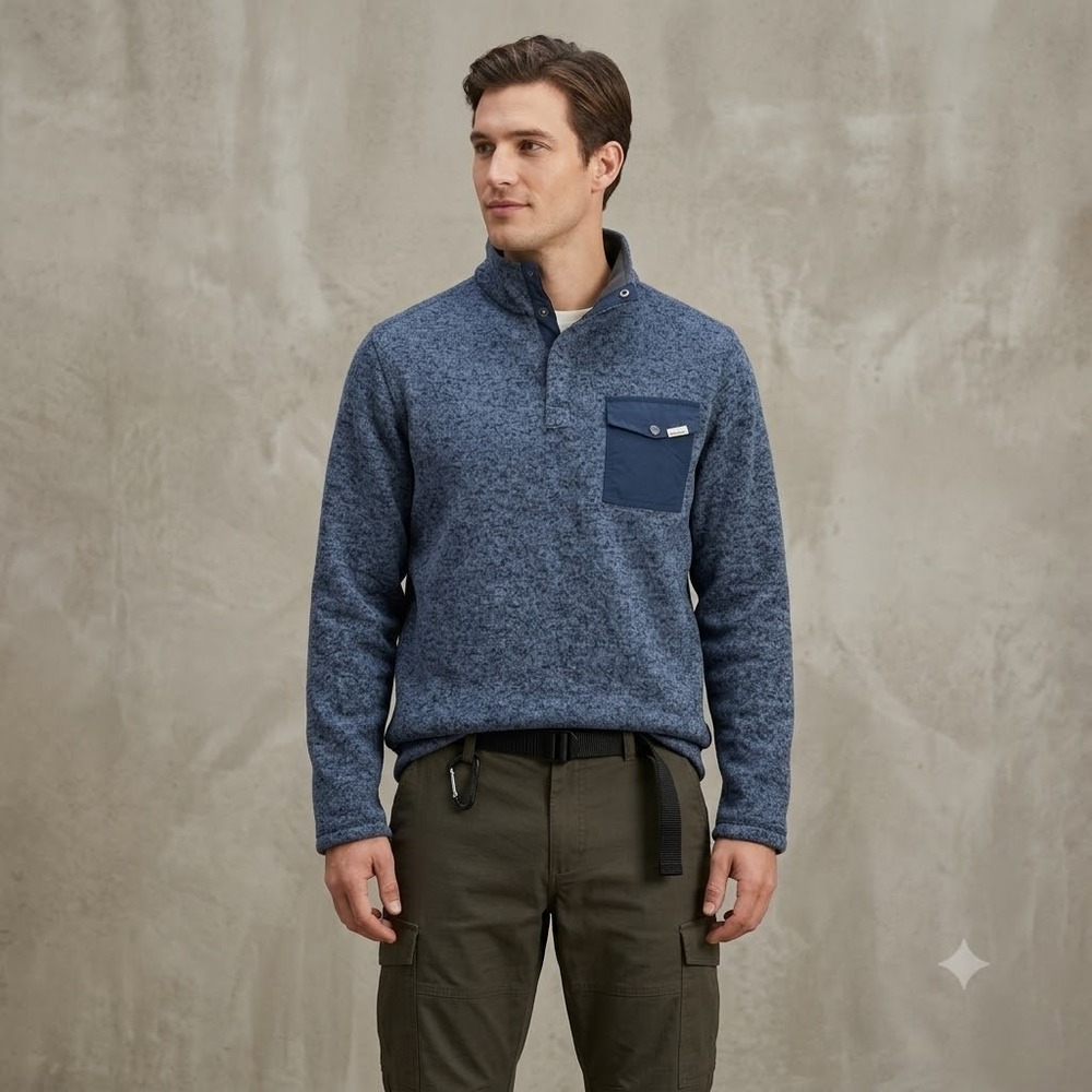 Woolrich Pullover Mens‎ Blue Heathered Snap Mock Neck Fleece Pocket Large